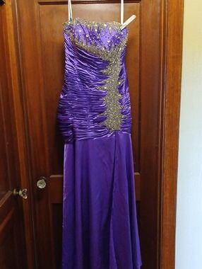 Strapless Purple Evening Gown with Gold Embellishment